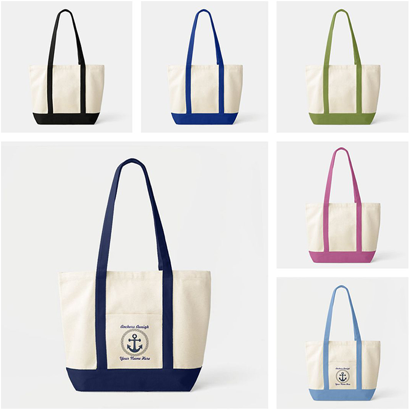 Reinforced Heavy-duty Two-tone 10oz Cotton Canvas Boat Tote Bag With Front Pocket For Beach, Grocery Shopping, Travel