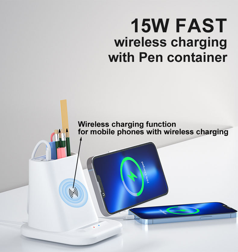 4 IN 1 Desk Pen Holder Wireless Charger Dock Stand