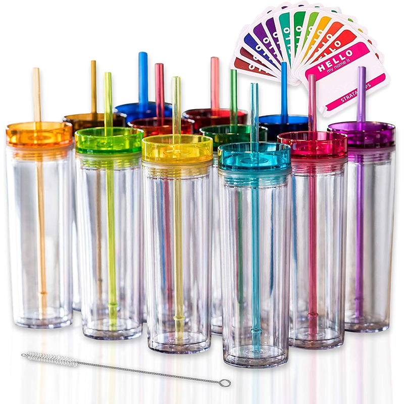 Personalized 16oz Acrylic Skinny Tumblers, Double-Walled Insulated Drinkware with Colorful Lids and Straws