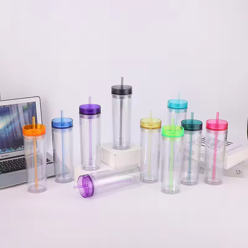Personalized 16oz Acrylic Skinny Tumblers, Double-Walled Insulated Drinkware with Colorful Lids and Straws