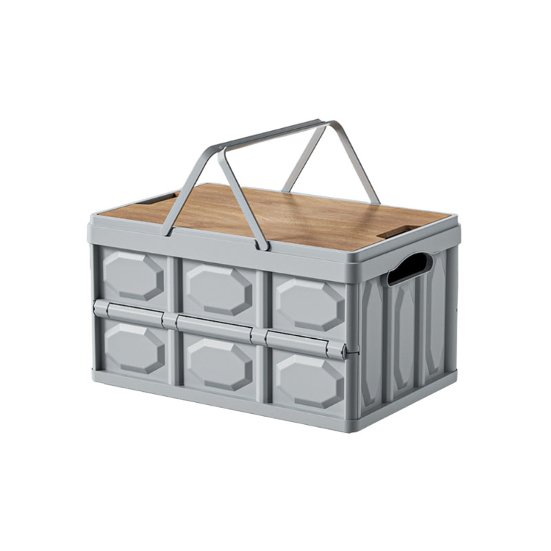 Collapsible Storage Box with Wooden Lid & Drawer, Foldable PP Organizer with Carry Handle, Stackable Camping Storage Bin