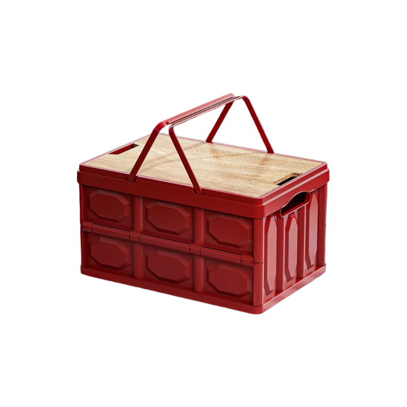 Collapsible Storage Box with Wooden Lid & Drawer, Foldable PP Organizer with Carry Handle, Stackable Camping Storage Bin