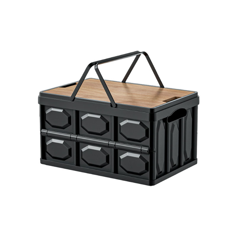 Collapsible Storage Box with Wooden Lid & Drawer, Foldable PP Organizer with Carry Handle, Stackable Camping Storage Bin