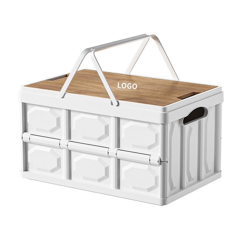 Collapsible Storage Box with Wooden Lid & Drawer, Foldable PP Organizer with Carry Handle, Stackable Camping Storage Bin