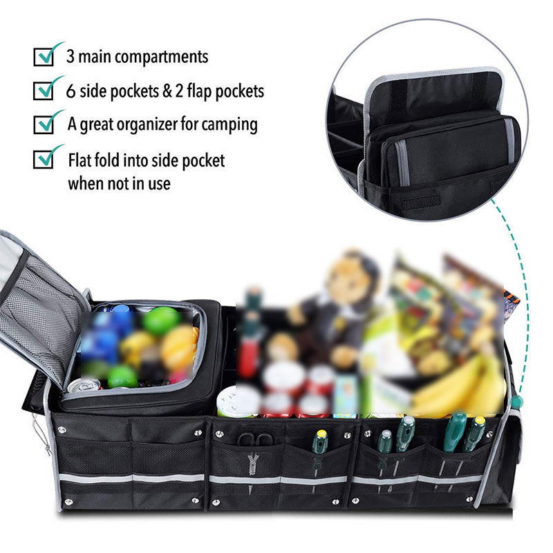 Expandable Car Trunk Organizer Bag with Insulated Cooler Compartment, Foldable 600D Oxford Storage with Side Mesh Pockets