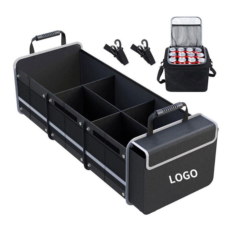 Expandable Car Trunk Organizer Bag with Insulated Cooler Compartment, Foldable 600D Oxford Storage with Side Mesh Pockets