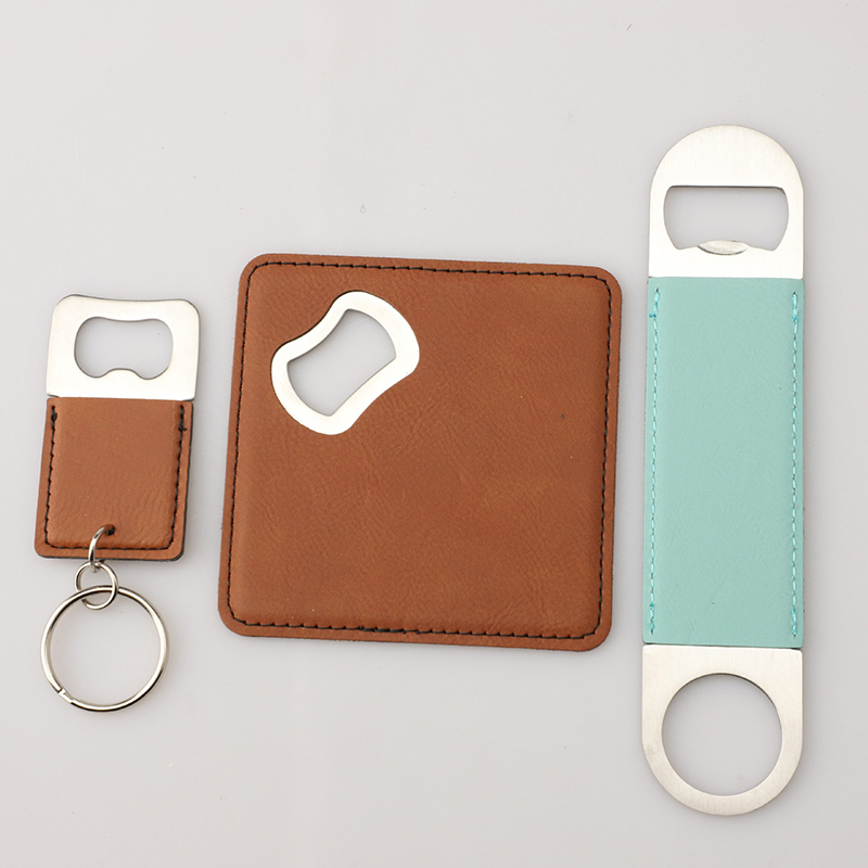 Custom PU Leather Wrapped Stainless Steel Beer Bottle Opener, Available in keychain opener, coaster opener, or bar blade opener.