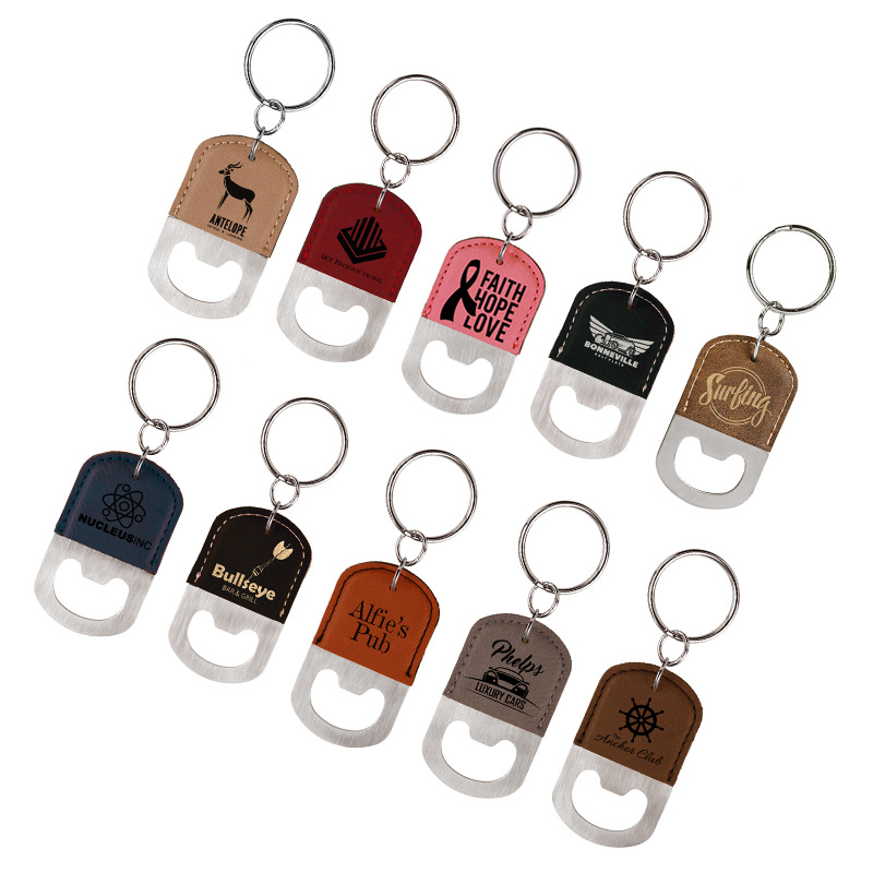 Custom PU Leather Wrapped Stainless Steel Beer Bottle Opener, Available in keychain opener, coaster opener, or bar blade opener.