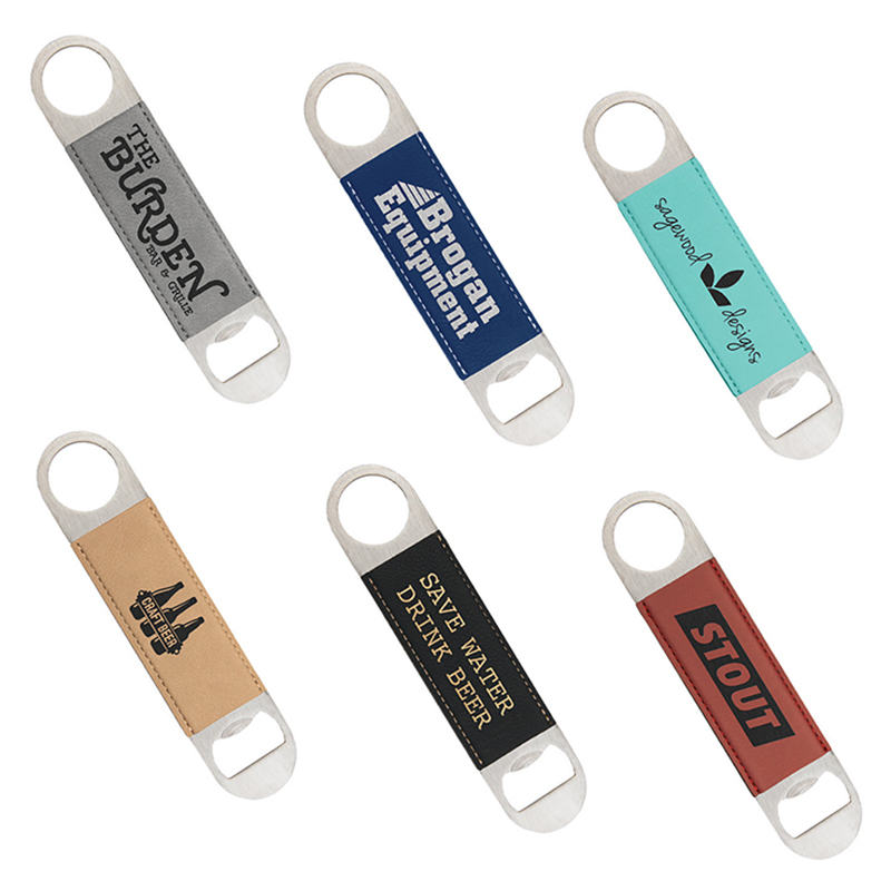 Custom PU Leather Wrapped Stainless Steel Beer Bottle Opener, Available in keychain opener, coaster opener, or bar blade opener.
