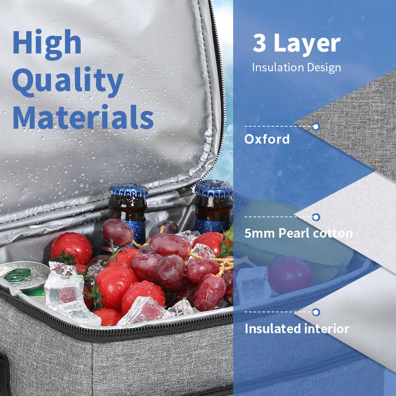 Large Capacity Oxford Picnic Cooler Bag w/ PEVA Insulated Lining, Front Zipper Pocket, Side Mesh Pocket, Adjustable Shoulder Strap