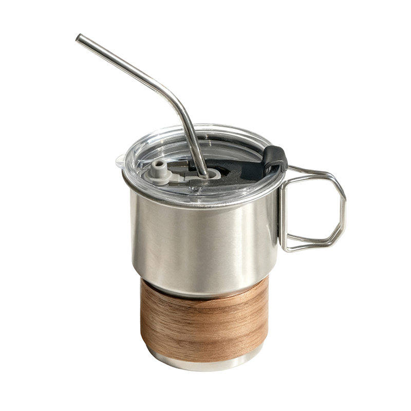 16 Oz Stainless Steel Outdoor Camping Mug with Wooden Heat-resistant Sleeve, Foldable Handle, Lid and Straw