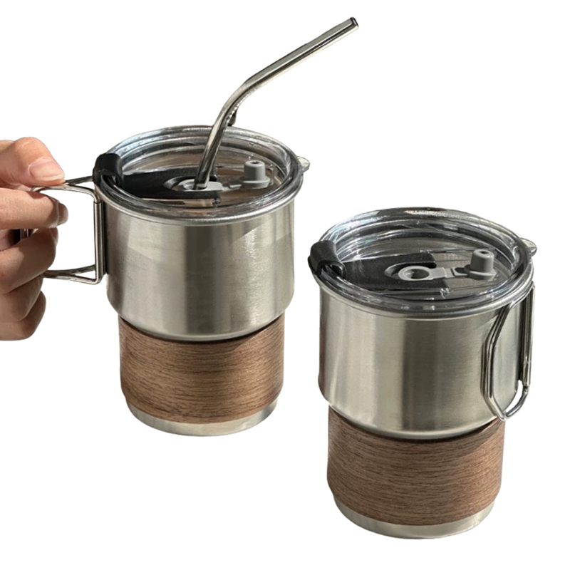 16 Oz Stainless Steel Outdoor Camping Mug with Wooden Heat-resistant Sleeve, Foldable Handle, Lid and Straw
