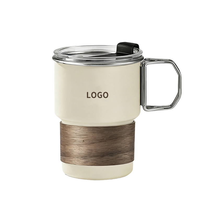 16 Oz Stainless Steel Outdoor Camping Mug with Wooden Heat-resistant Sleeve, Foldable Handle, Lid and Straw