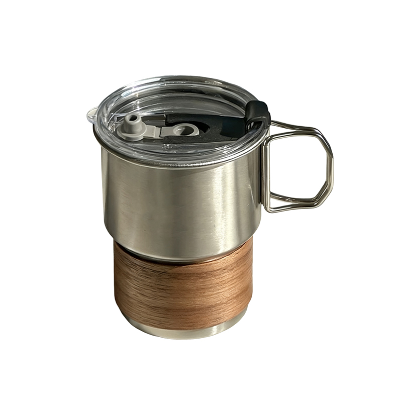 16 Oz Stainless Steel Outdoor Camping Mug with Wooden Heat-resistant Sleeve, Foldable Handle, Lid and Straw