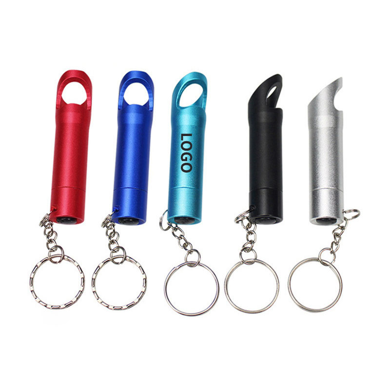 Compact 2-in-1 Aluminum Bottle Opener With 3 LEDs Mini Flashlight, bright beam, and keychain for easy carry.