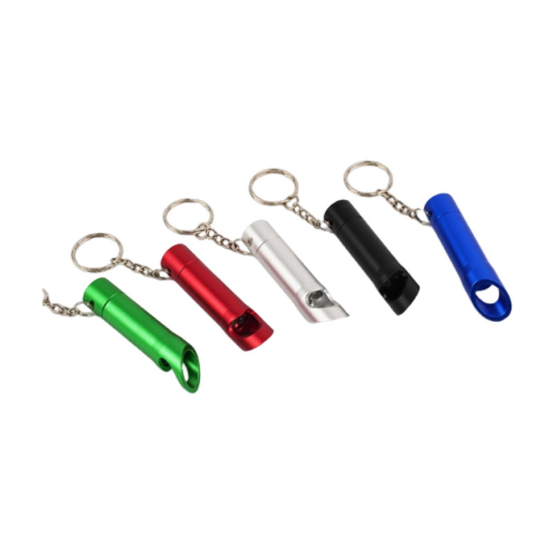 Compact 2-in-1 Aluminum Bottle Opener With 3 LEDs Mini Flashlight, bright beam, and keychain for easy carry.
