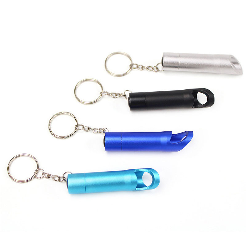 Compact 2-in-1 Aluminum Bottle Opener With 3 LEDs Mini Flashlight, bright beam, and keychain for easy carry.