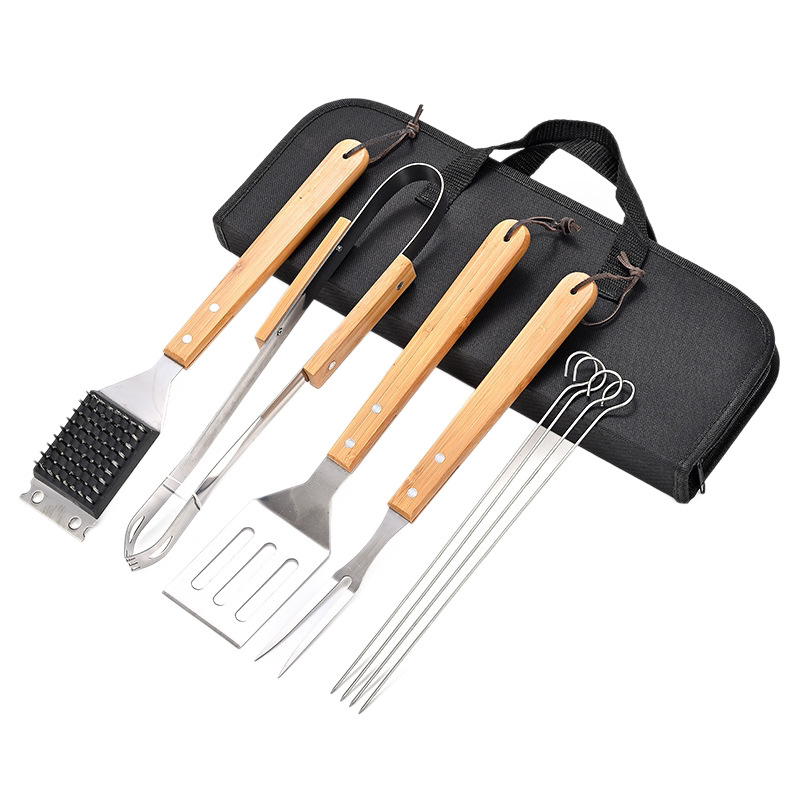 Custom 5-Piece Stainless Steel BBQ Grilling Tool Set with Storage Bag for easy carrying.