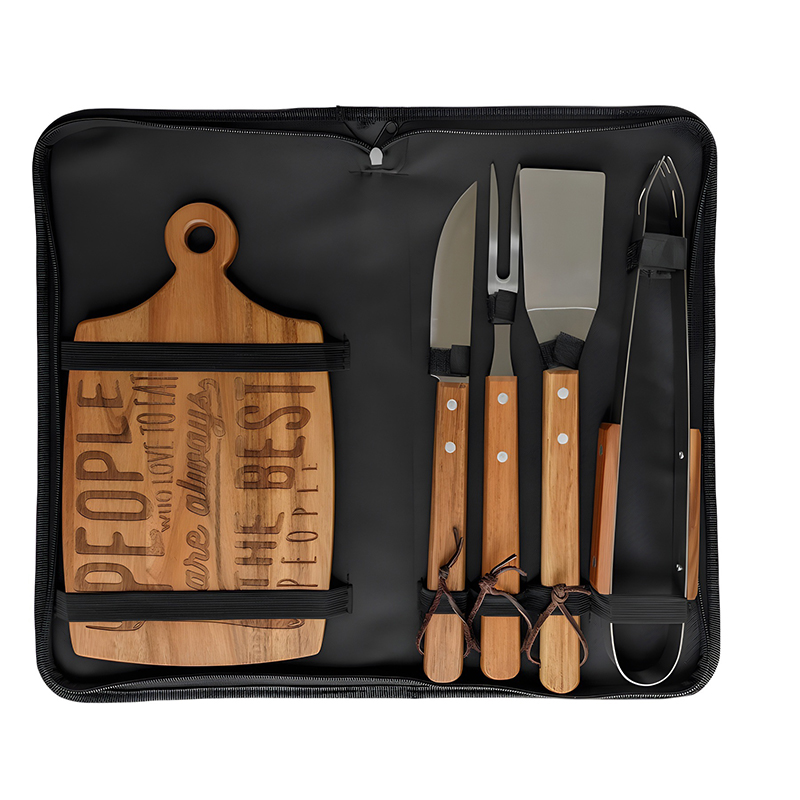 5-Piece Stainless Steel BBQ Utensil Set with Wood Cutting Board, Knife, Spatula, Tongs, Meat Fork and Portable Nylon Storage Bag