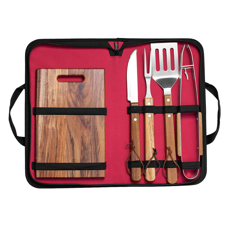 5-Piece Stainless Steel BBQ Utensil Set with Wood Cutting Board, Knife, Spatula, Tongs, Meat Fork and Portable Nylon Storage Bag