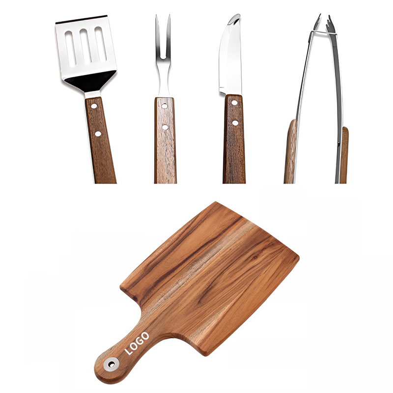 5-Piece Stainless Steel BBQ Utensil Set with Wood Cutting Board, Knife, Spatula, Tongs, Meat Fork and Portable Nylon Storage Bag
