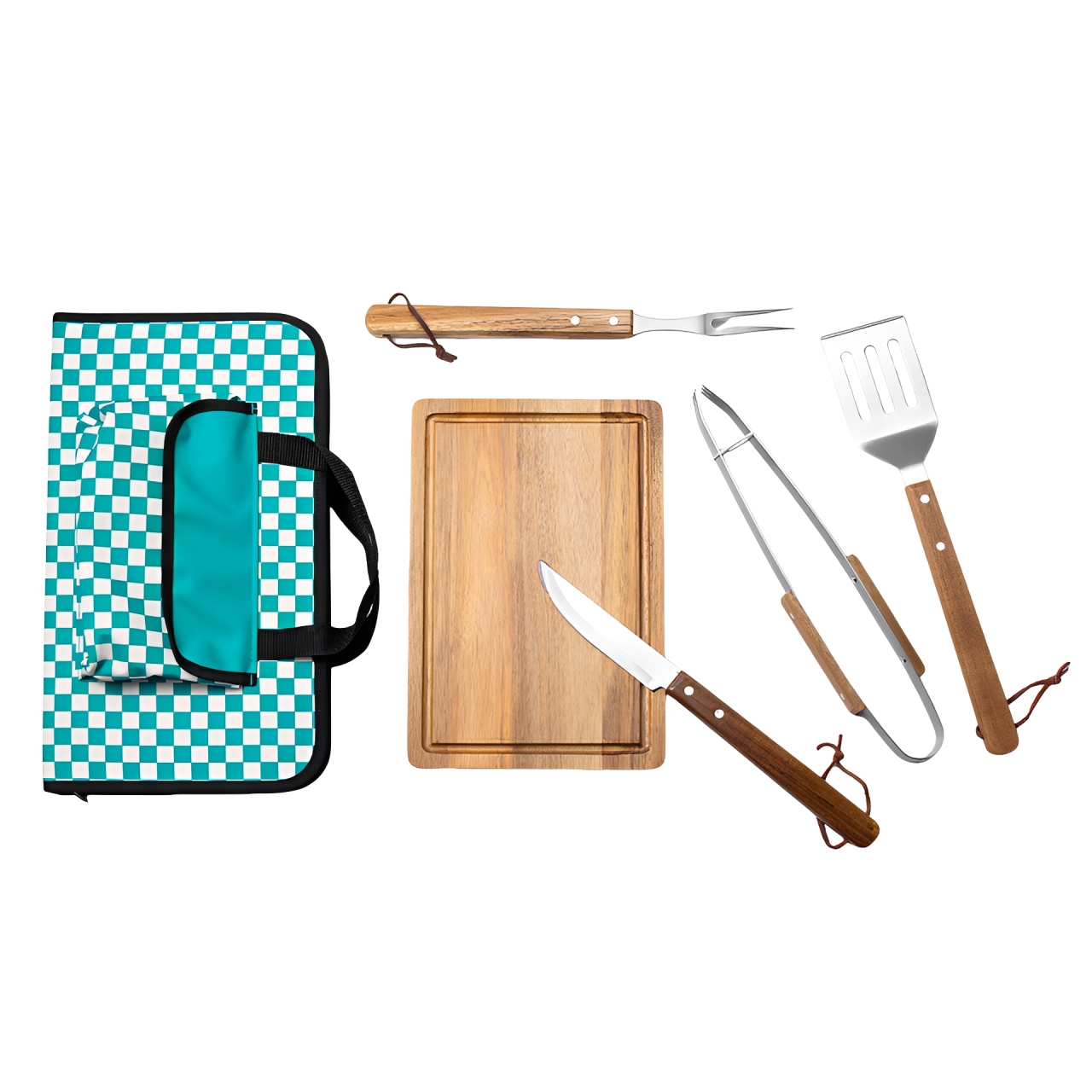 5-Piece Stainless Steel BBQ Utensil Set with Wood Cutting Board, Knife, Spatula, Tongs, Meat Fork and Portable Nylon Storage Bag