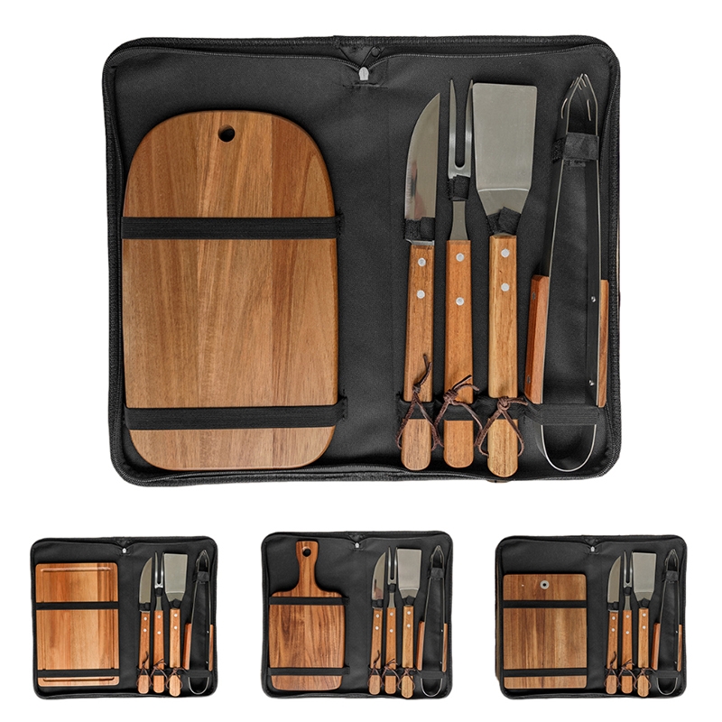 5-Piece Stainless Steel BBQ Utensil Set with Wood Cutting Board, Knife, Spatula, Tongs, Meat Fork and Portable Nylon Storage Bag
