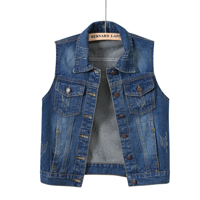 Women's Washed Denim Vest with Button Front and Pockets, Sleeveless Casual Jean Vest