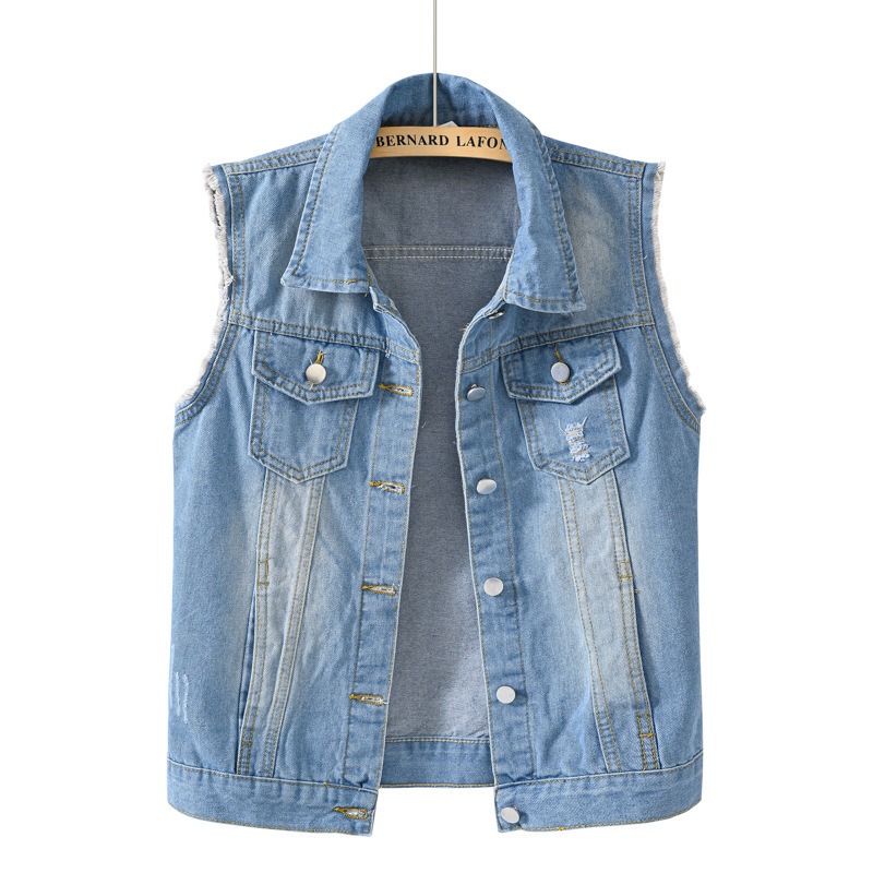 Women's Washed Denim Vest with Button Front and Pockets, Sleeveless Casual Jean Vest