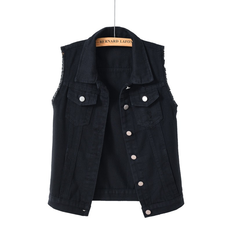 Women's Washed Denim Vest with Button Front and Pockets, Sleeveless Casual Jean Vest