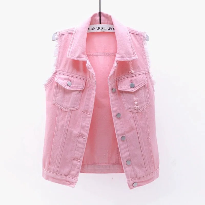 Women's Washed Denim Vest with Button Front and Pockets, Sleeveless Casual Jean Vest