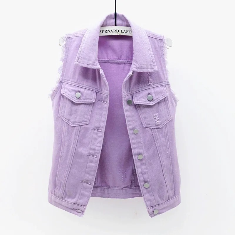 Women's Washed Denim Vest with Button Front and Pockets, Sleeveless Casual Jean Vest